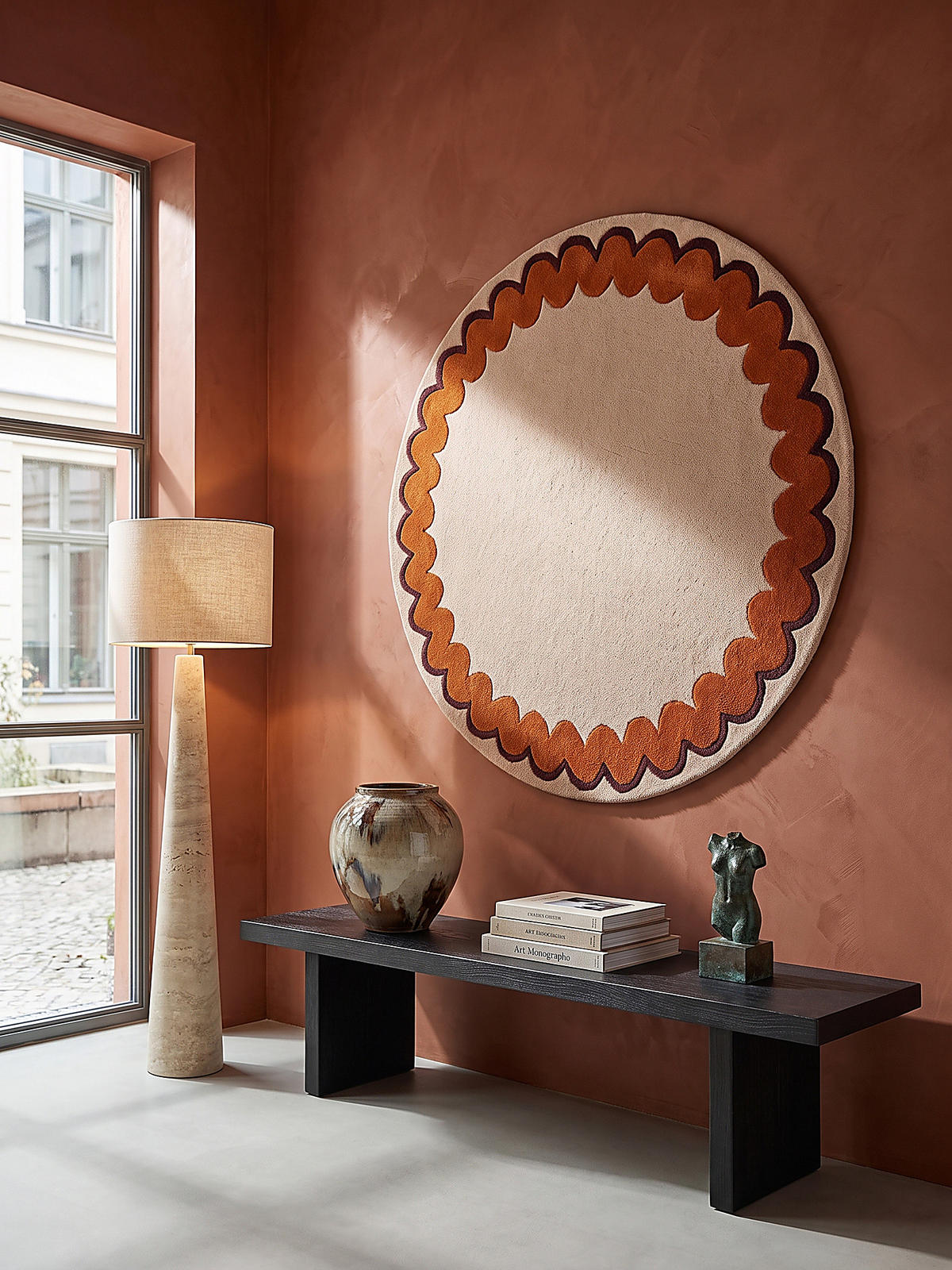 TEPPICH aus Wolle, handgetuftet, WAVENEY, in Orange, Zickzack-Wellenbordüre, Ø 160 cm - Orange, Textil (160/160cm) - KADIMA DESIGN