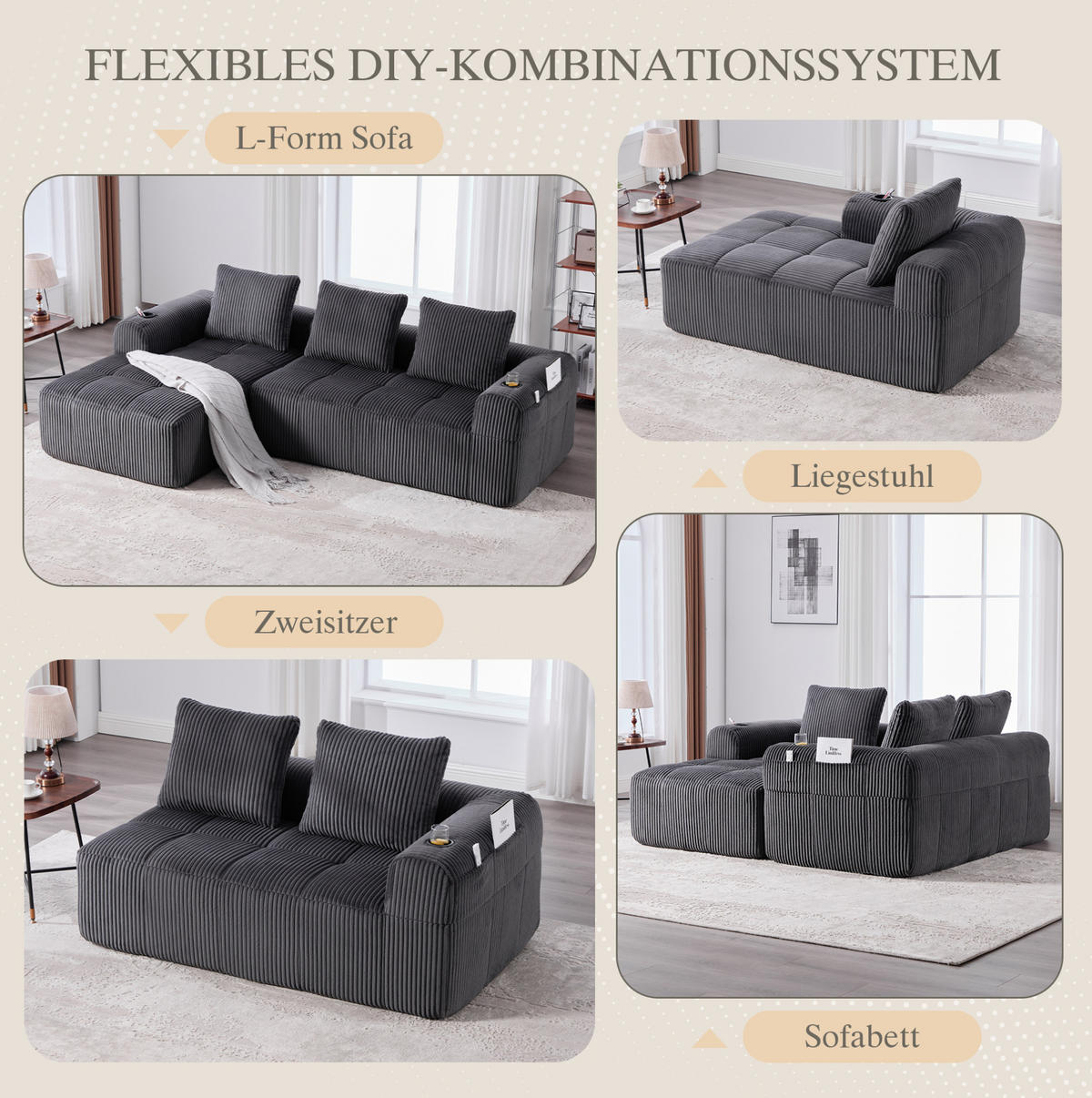 ECKSOFA aus Cord 253x158x61 cm in Dunkelgrau mit Seitenfach & Becherhalter - Dunkelgrau, Textil (158/253cm) - Modfu