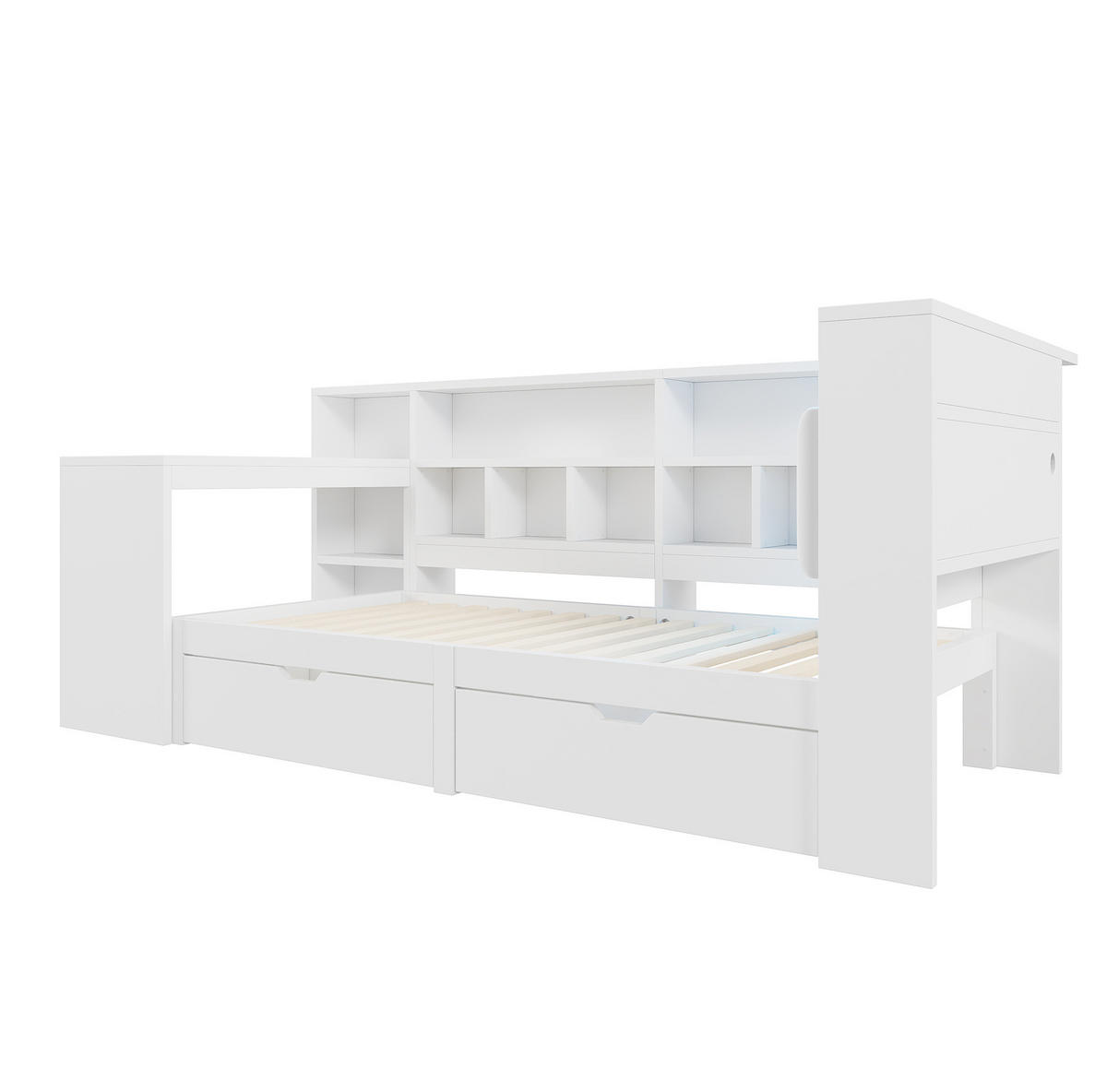 BETT aus MDF und Sperrholz 90x200 cm Weiß mit Schreibtisch, Bücherregal, LED und USB-Ladestation - Weiß, Holzwerkstoff (90/200cm) - Modfu