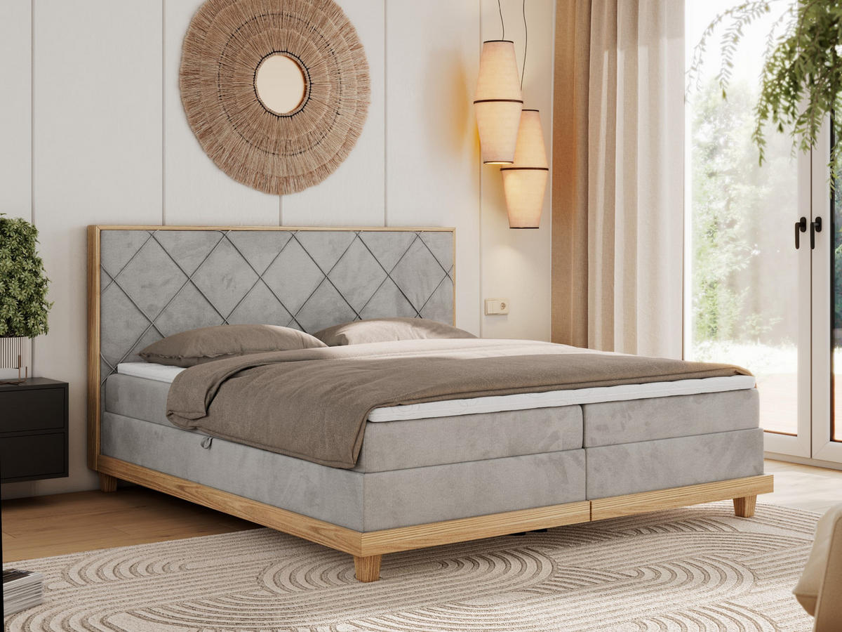 BOXBETT CAICOS 180/200 - Hellgrau Velvet - H4 - Hellgrau, Holz/Textil (180/200cm) - MKS