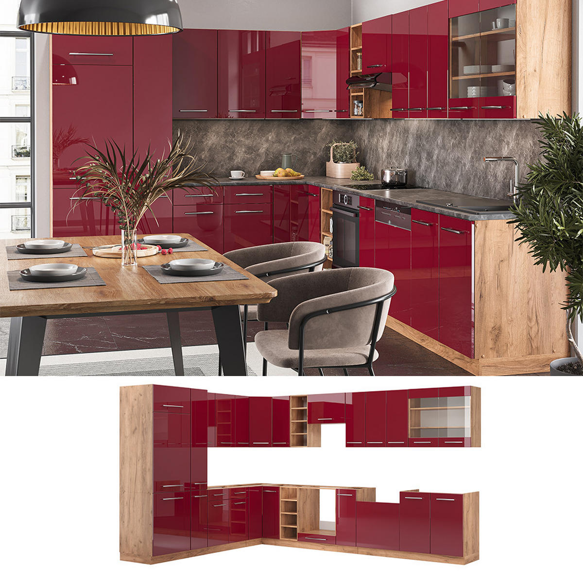 ECKKÜCHE Fame-Line Bordeaux Hochglanz/Goldkraft Eiche 347 x 257 cm AP Anthrazit - Bordeaux/Eiche Wotan, Holzwerkstoff (347/81.6/60cm) - Vicco
