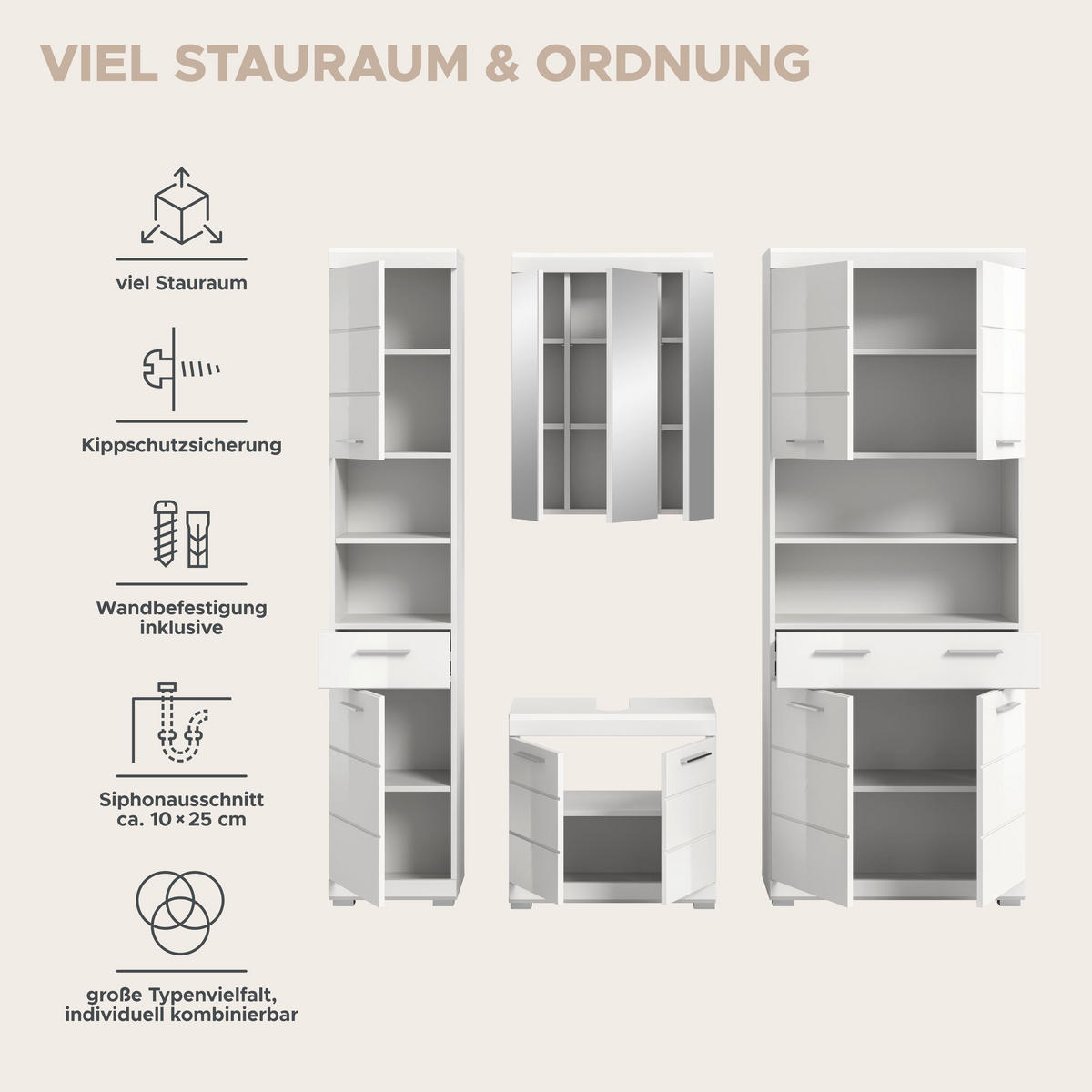 BADKOMBINATION 4tlg. Scout Bad in weiß Nachbildung und weiß hochglanz B/H/T: 186x191x34 cm - Weiß, Holz (186/191/34cm)