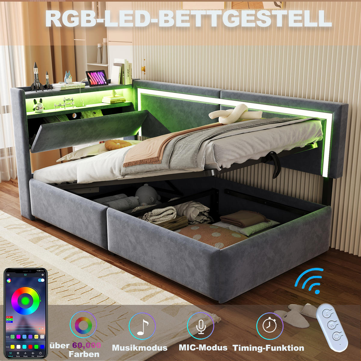 POLSTERBETT 90x200 Dunkelgrau Samt LED Stauraum - Grau, Textil (90/200cm) - FLIEKS