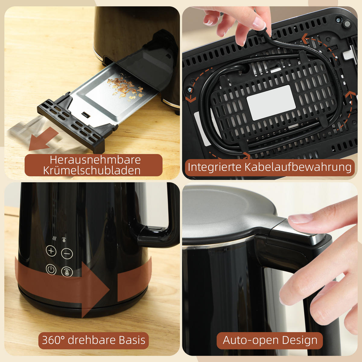 TOASTER mit Wasserkocher DE-07870 7 Bräunungsstufen, 1,5 L Schwarz - Schwarz, Kunststoff (15.5/25.1/21.5cm) - ComfortXL