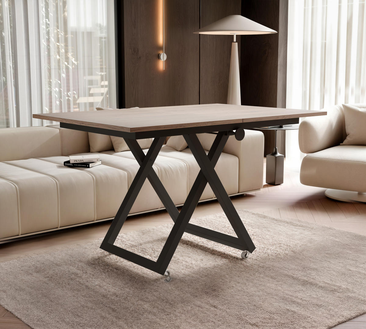 COUCHTISCH ARIA 120-160/80 cm, Höhenverstellbar, Schwarz / Cremona Cannolo (Cremefarben) - Creme/Schwarz, Holzwerkstoff/Metall (120/80/38cm) - Idohome