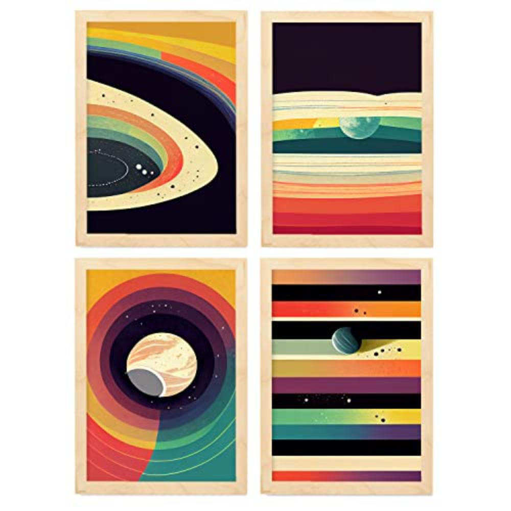 POSTER Set mit 4 Kreisförmig Abstrakt Moderne Galaxien A4 Rahmen aus hellem Holz - Beige, Papier (29.7/3cm) - Nacnic