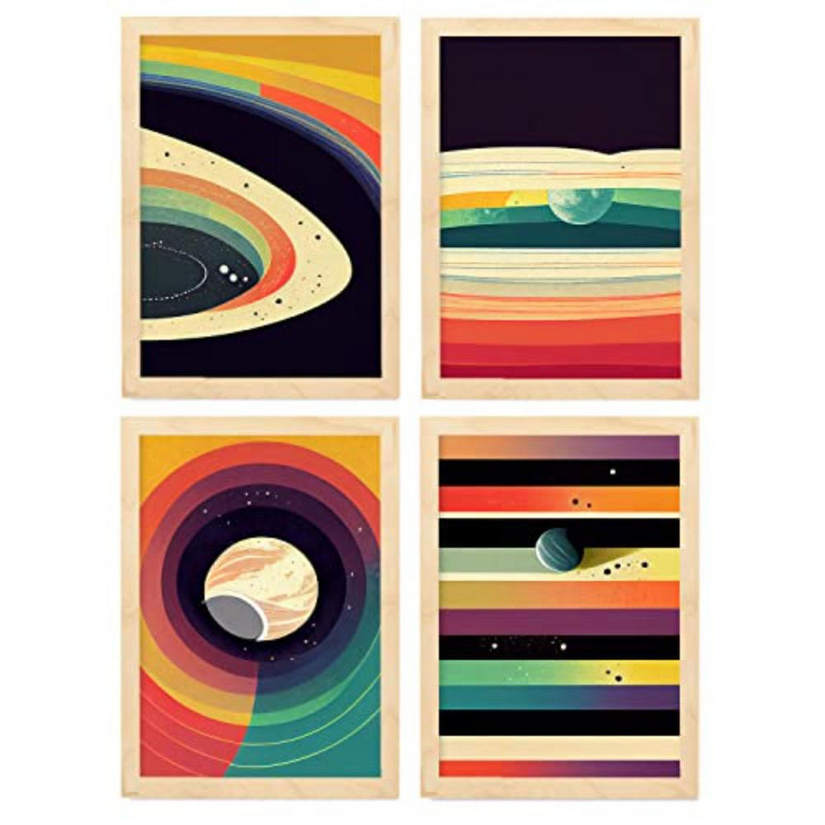 POSTER Set mit 4 Kreisförmig Abstrakt Moderne Galaxien A4 Rahmen aus hellem Holz - Beige, Papier (29.7/3cm) - Nacnic