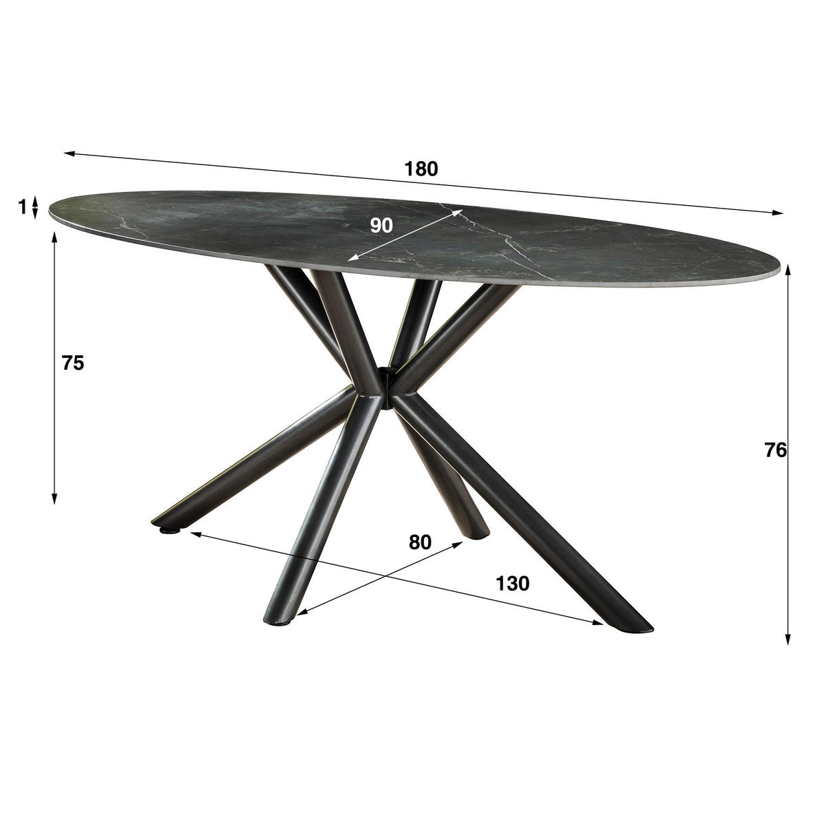 ESSTISCH Ovaca Schwarz 90/180/76 cm - Schwarz, Keramik (90/180/76cm) - Hoyz Collection