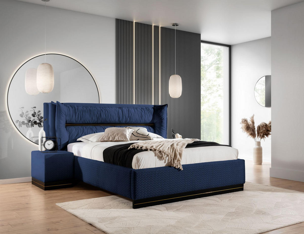 POLSTERBETT Hamilton Magic Velvet Set.1 - Dunkelblau, Holzwerkstoff/Textil (180/200cm) - Fun Möbel