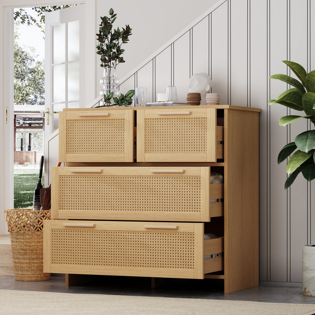 KOMMODE 80/80/38 cm in Natur mit 4 Schubladen und Rattanfronten - Naturfarben, Holzwerkstoff (38/80/80cm) - Flora Grace
