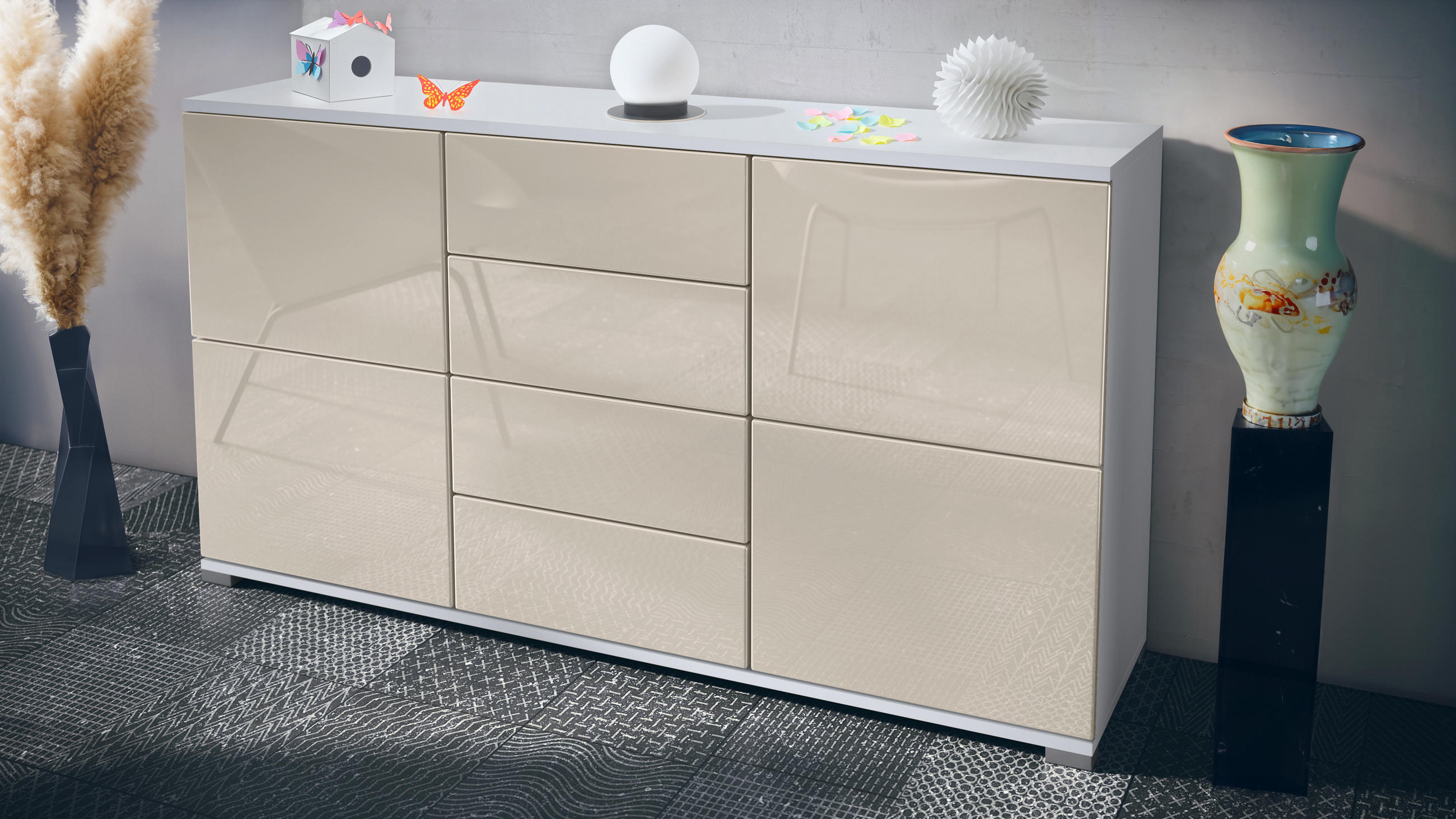 SIDEBOARD Rova Creme Hochglanz - Creme, Holzwerkstoff (138.5/75.5/35cm) - Vladon