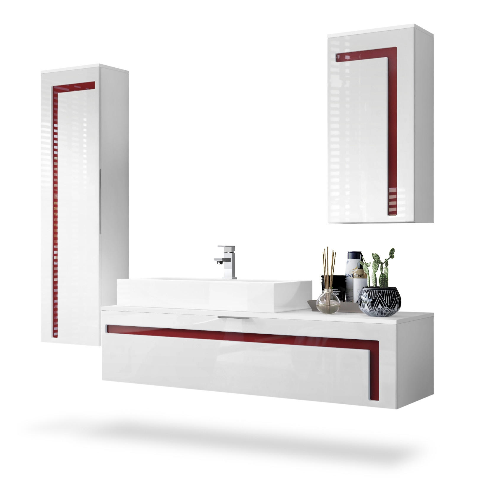 BADMÖBELSET Aloha Absetzungen in Bordeaux Hochglanz - Bordeaux, Holzwerkstoff (210/185/51cm) - Vladon