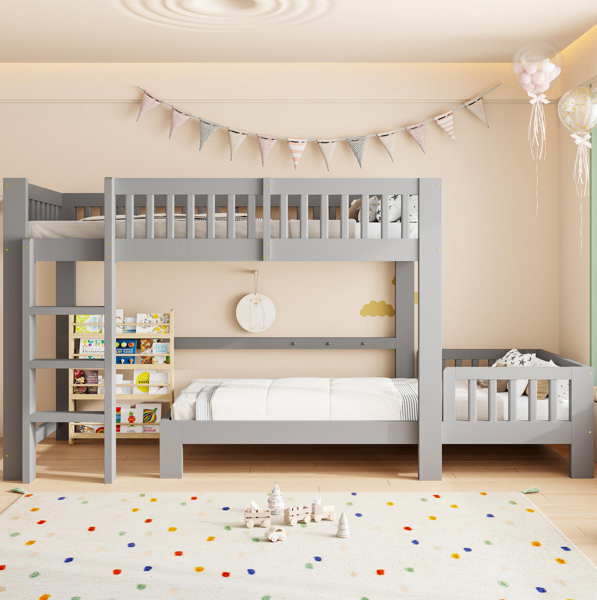 KINDERBETT-SET aus Kiefernholz 90x200 cm Grau, modular als Hoch- und Einzelbett - Grau, Holz (90/200cm) - Modfu