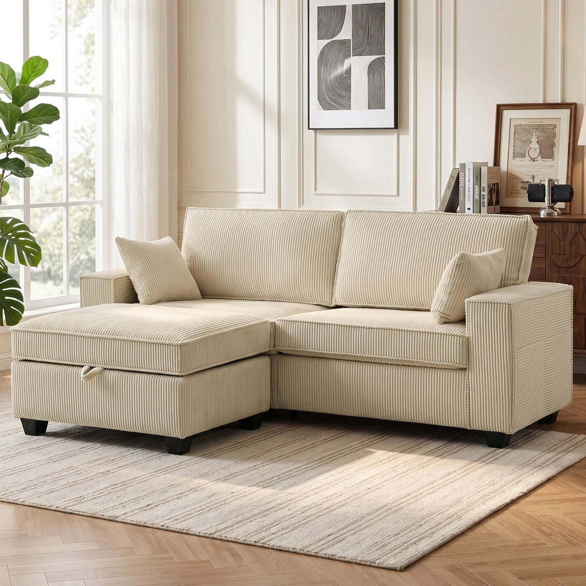 ECKSOFA Cord (100 % Polyester) Beige - Beige, Holzwerkstoff/Kunststoff (151/216cm) - HOMCOM