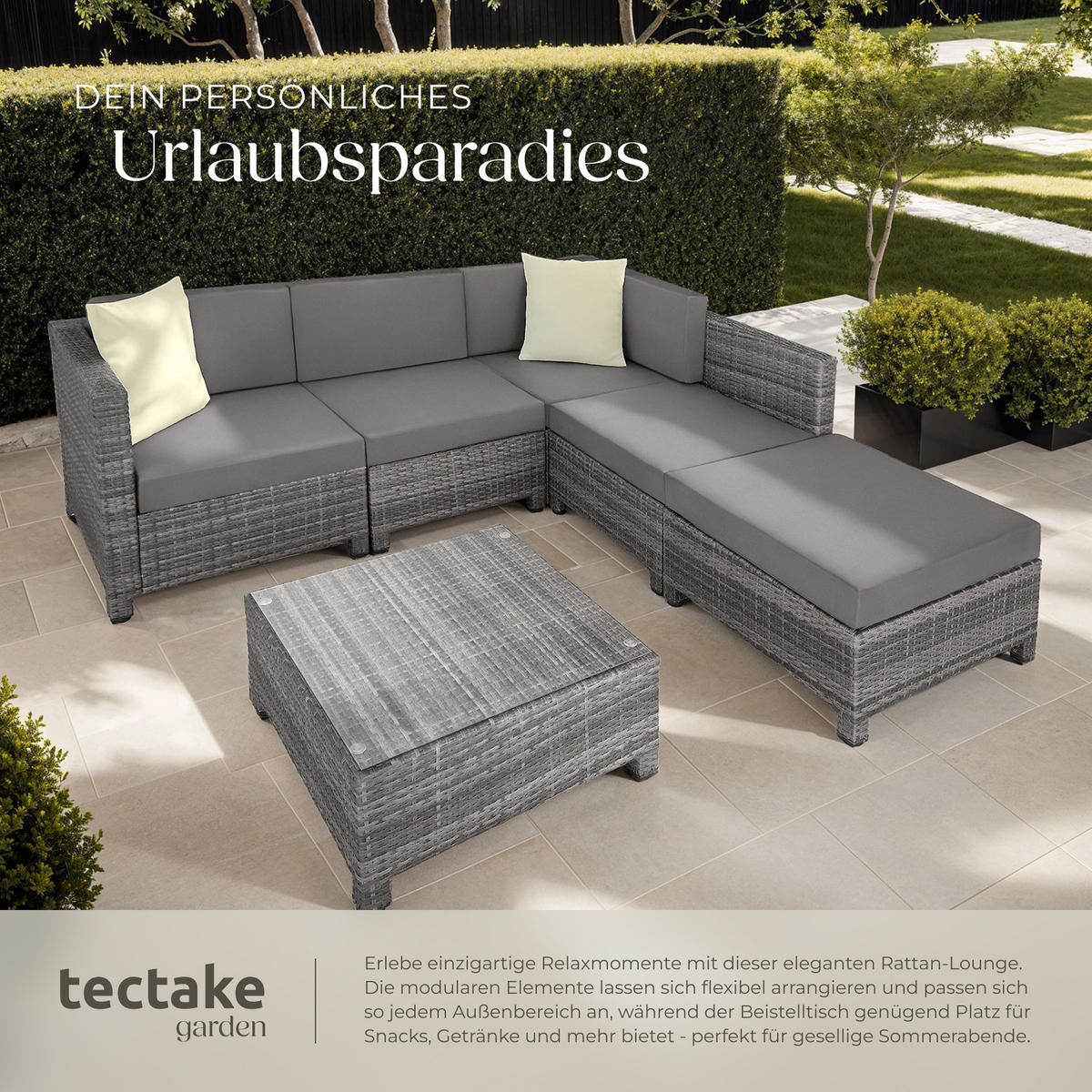 RATTANLOUNGE , mit Sicherheitsglasplatte, grau - Grau, Kunststoff - tectake