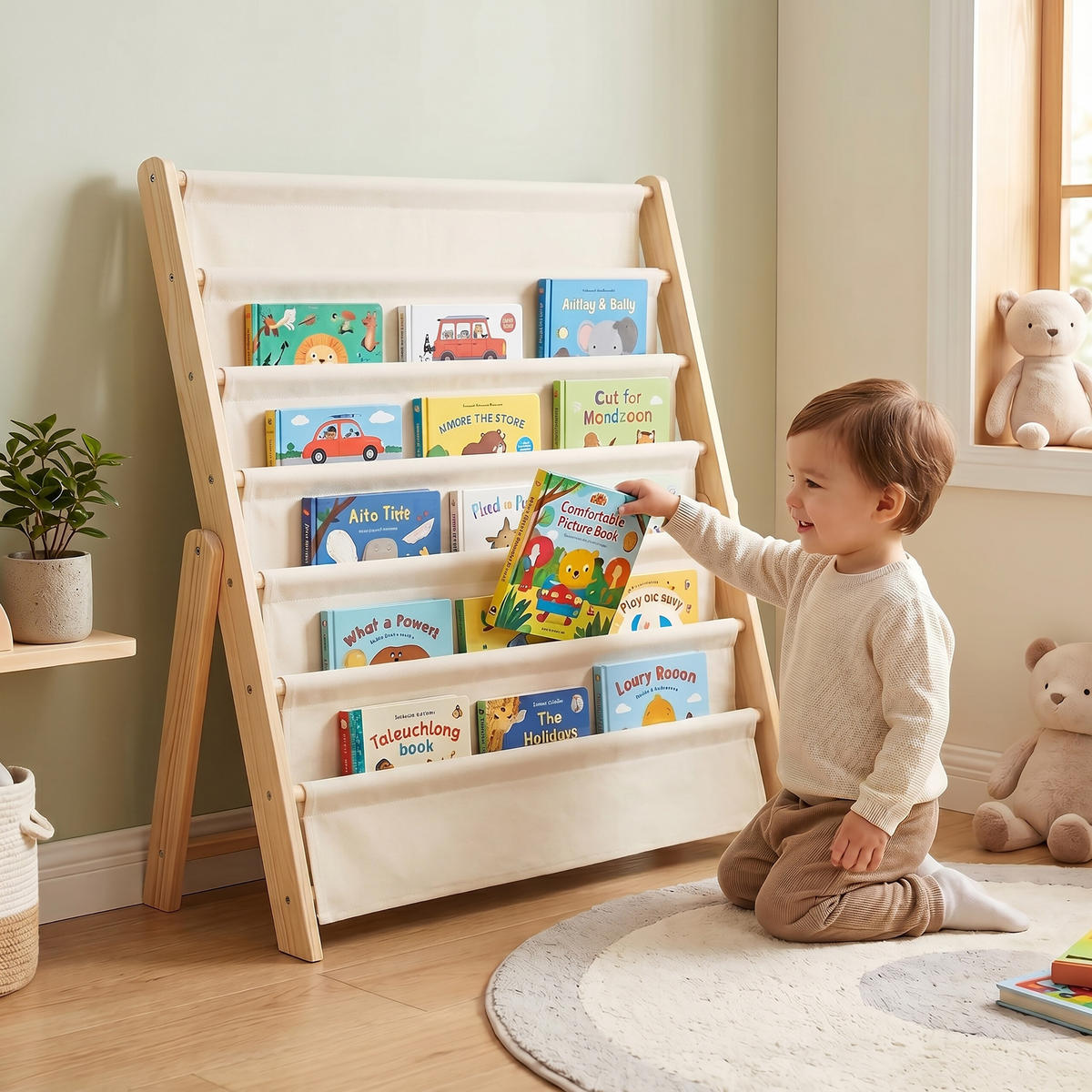 BÜCHERREGAL Weiß Natur Kinder 6 Stofffächer 80x75x30 cm - Creme, Holz/Textil (75/80/30cm) - Relaxdays