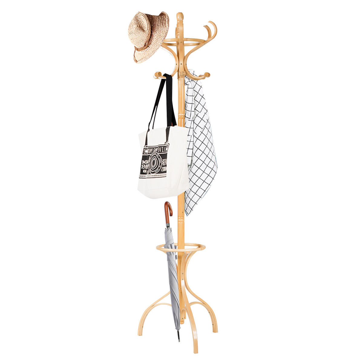 ŠATNÍK s držákem na deštníky, dřevo - barva starého dubu, dřevo (48/182/48cm) - COSTWAY