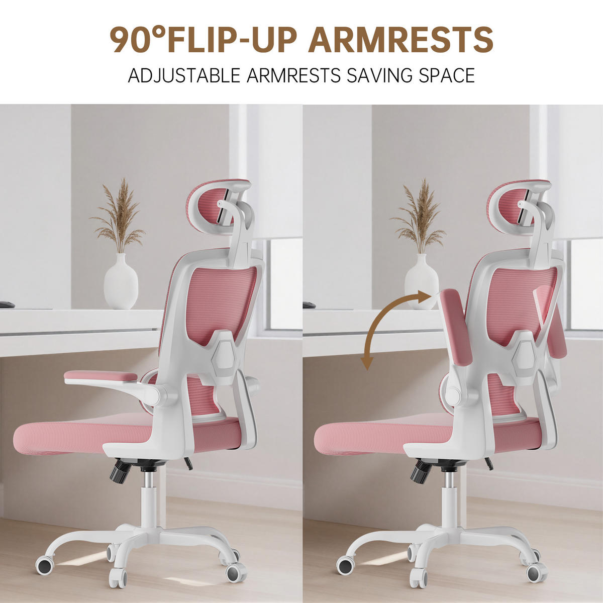 BÜROSTUHL Weiß-Pink ergonomisch mit klappbaren Armlehnen - Pink, Metall (25/52.5/65cm) - Rattrix