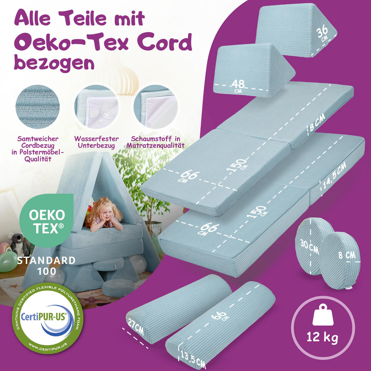 SPIELSOFA Kinder Fantasiewelt 8tlg - Blau, Textil (150/55/66cm) - Linodino