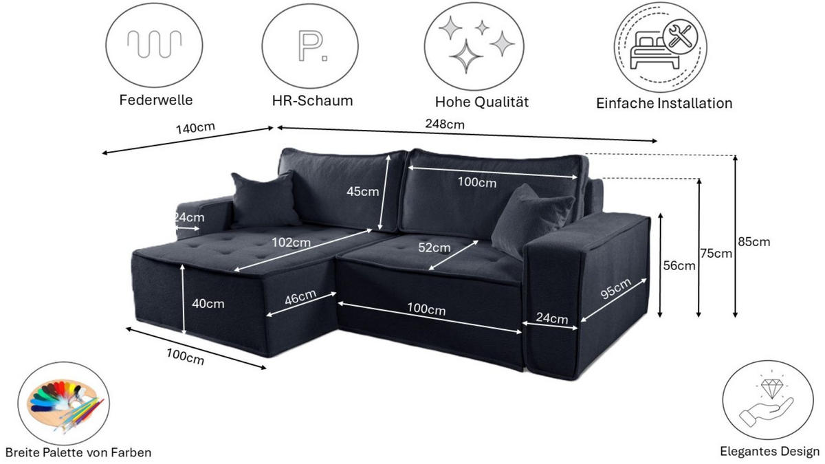 ECKSOFA Bohoo Mit Schlaffunktion Graphit Links - Graphitfarben, Holz (140/248cm) - Kaiser Möbel