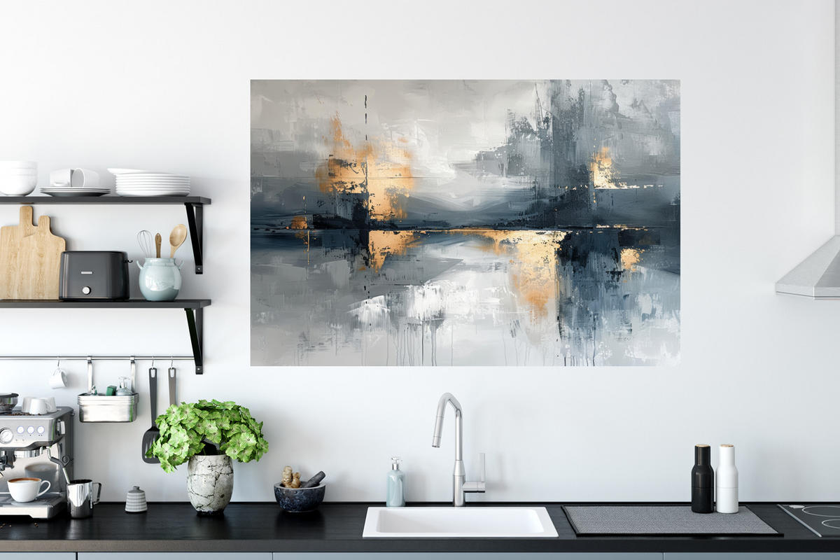 WANDTATTOO Kunst - Grau - Gold - Abstrakt 120x80 cm - Dunkelgrau, Kunststoff (120/80/0.1cm) - MuchoWow