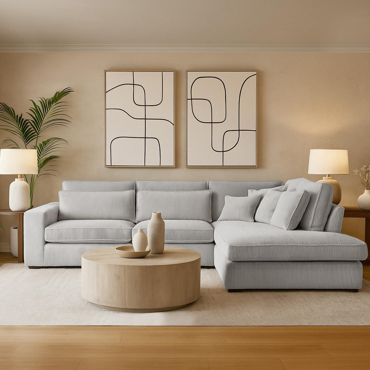 ECKSOFA Parma ohne Schlaffunktion, Cord-Stoff, Graubeige, Rechts - Hellgrau/Schwarz, Textil (314/224cm) - Beautysofa