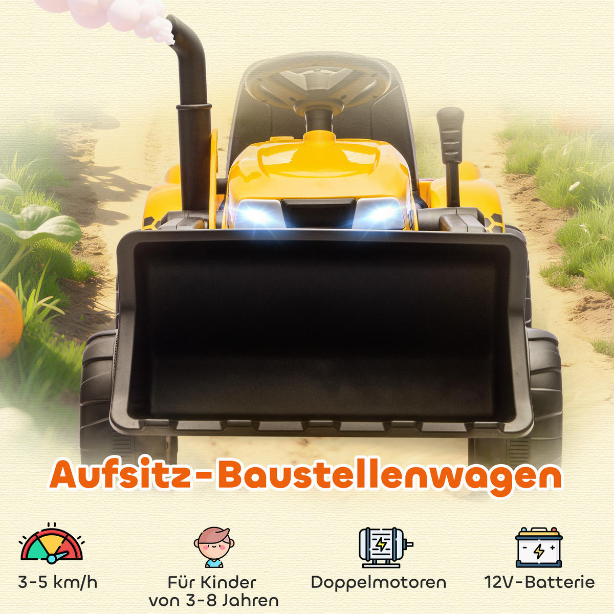 KINDER-ELEKTRO-BAGGER mit Anhänger 12V mit Fernbedienung - Gelb, Kunststoff (146/58/58.5cm) - AIYAPLAY