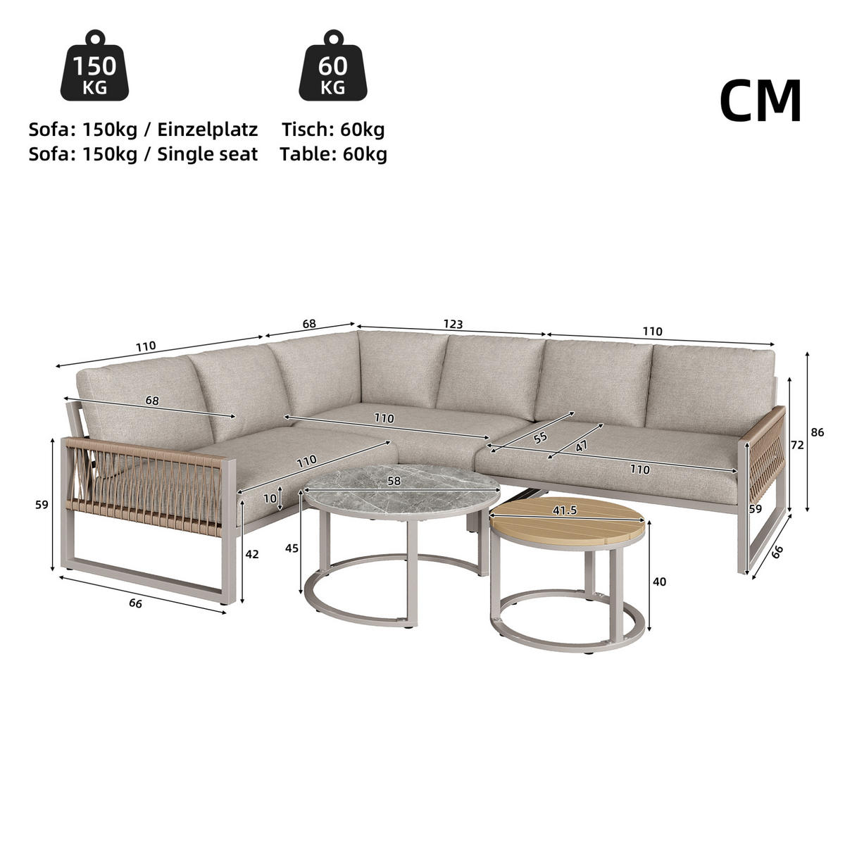 GARTEN-LOUNGE-SET 123/68/86 cm mit 2 Tischen, verzinktem Metallgestell und Kissen, Beige - Beige, Metall - Redom