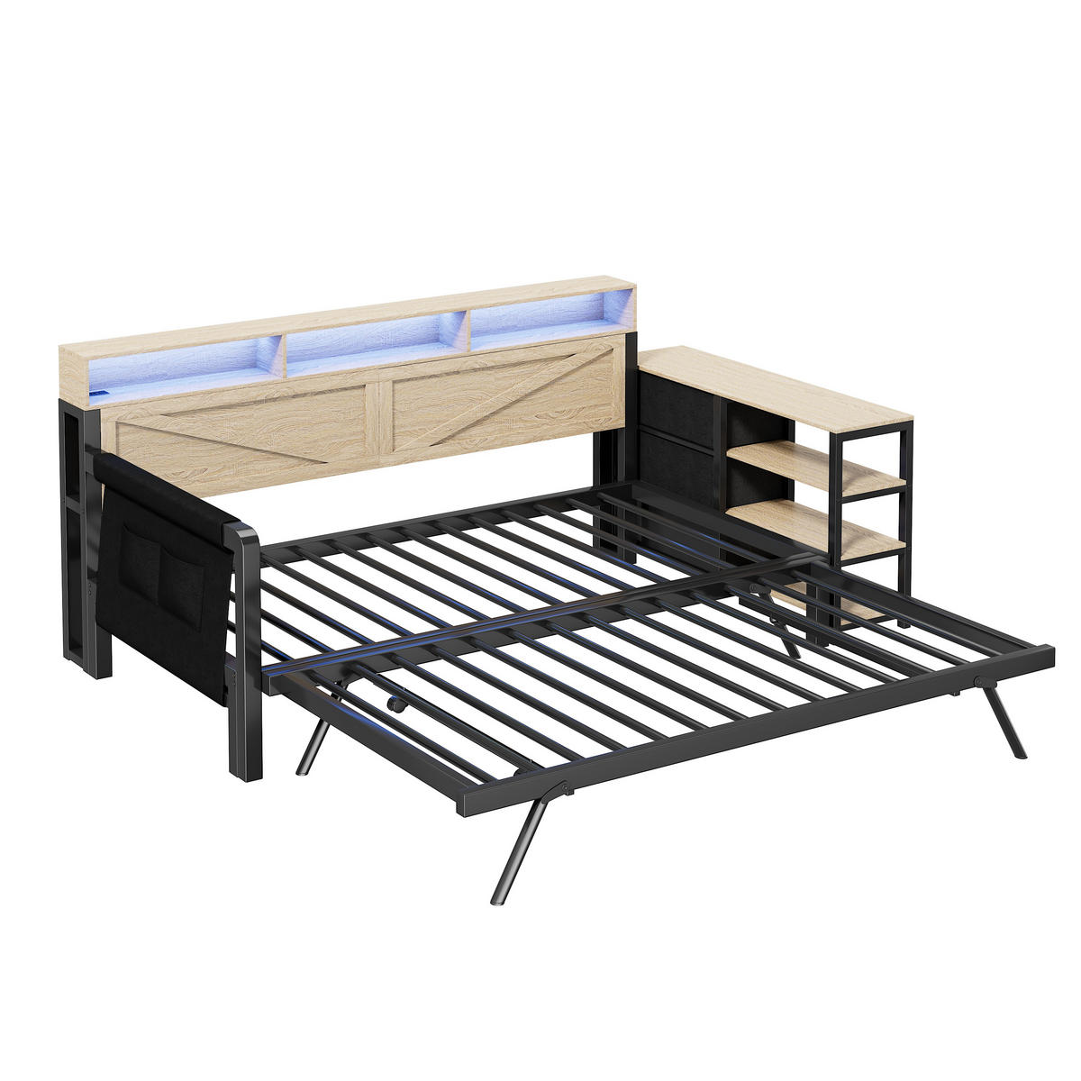 MULTIFUNKTIONSBETT 90/200 cm schwarz aus Metall mit Ausziehbett mit USB und LED - Schwarz, Holzwerkstoff (90/200cm) - OKWISH