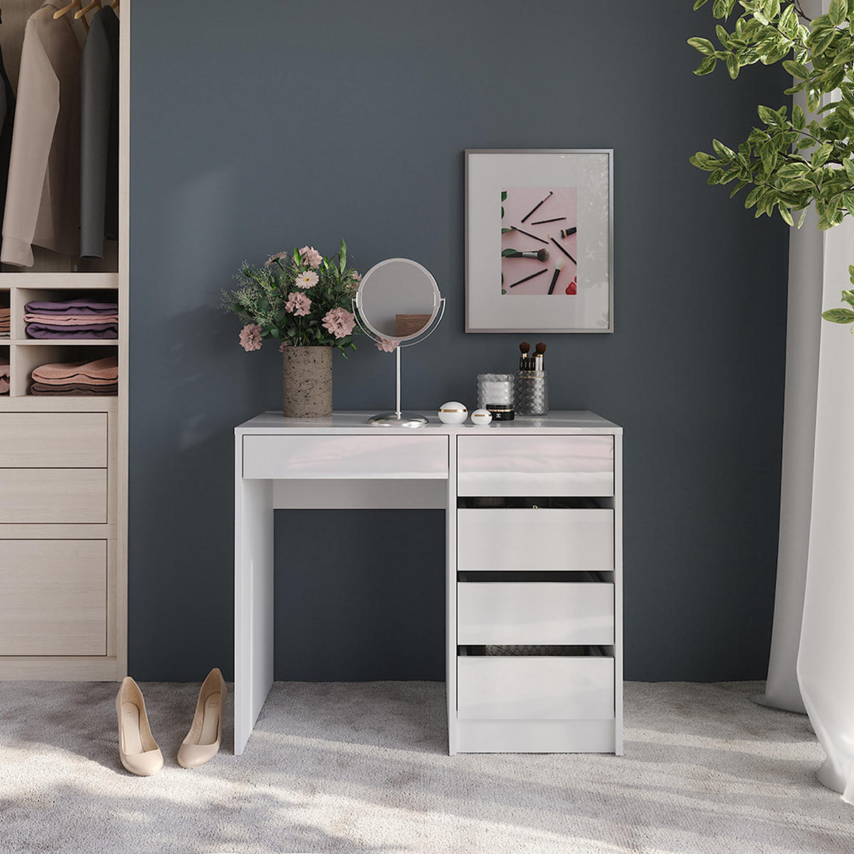 SCHMINKTISCH Sherry Weiß/Weiß Hochglanz 89.8 cm - Weiß Hochglanz, Holzwerkstoff (50.1cm) - Vicco