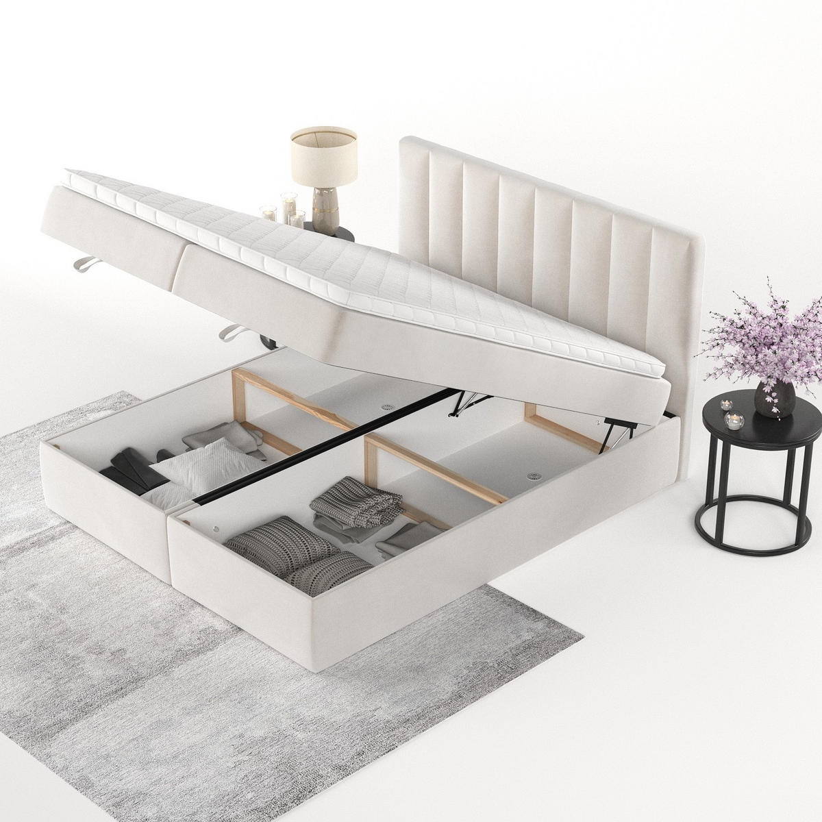 BOXBETT Lusso 200/200 cm Creme im Paros Stoff - Creme/Schwarz, Holz/Holzwerkstoff (200/200cm) - AltaBeds