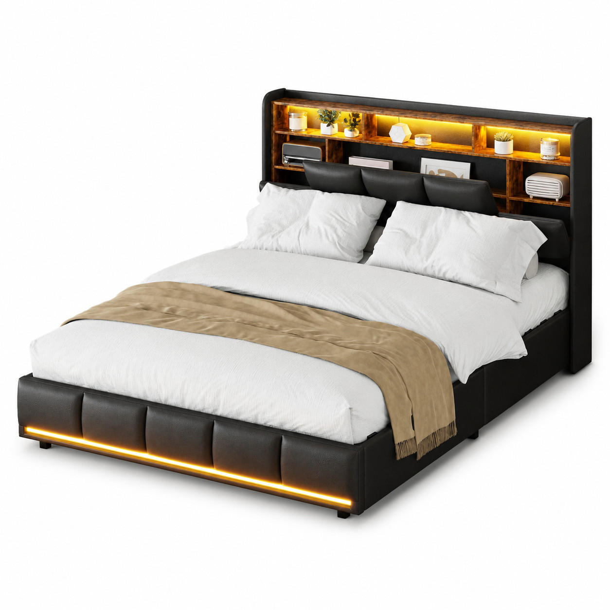 POLSTERBETT 140/190 mit Warmton-LED-Beleuchtung, multifunktionalem Stauraumkopfteil und Lade-USB, Schlafzimmer Polsterbett - Schwarz, Holz/Metall (140/190cm) - Joyfair