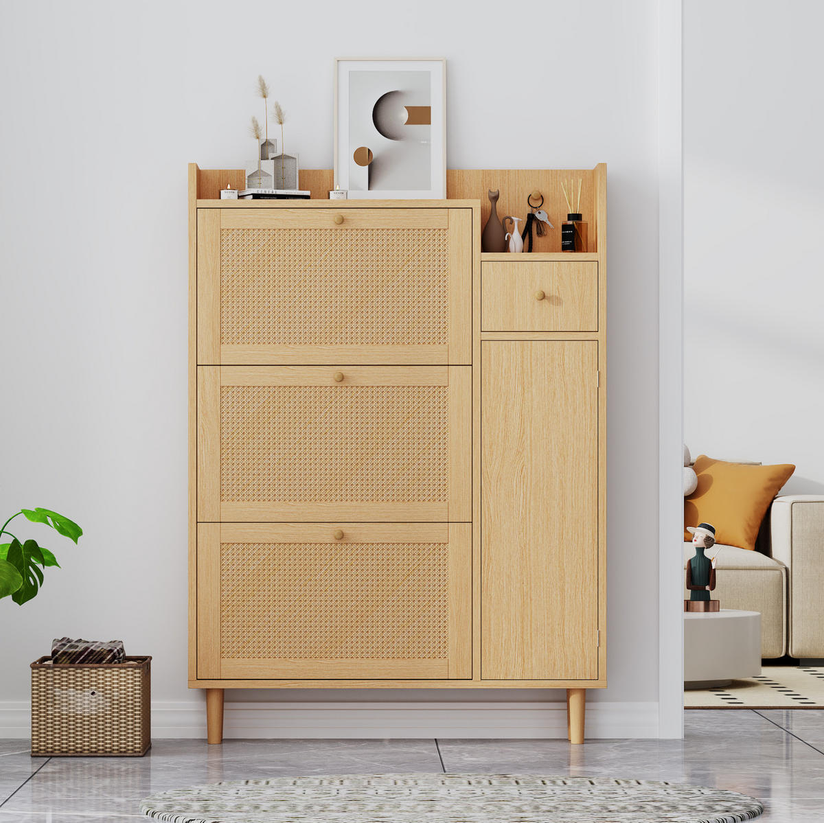 SCHUHSCHRANK mit 3 Klappen und 1 Schublade 90 x 125 x 17 cm Natur - Naturfarben, Holz (17/125/90cm) - Beauniv