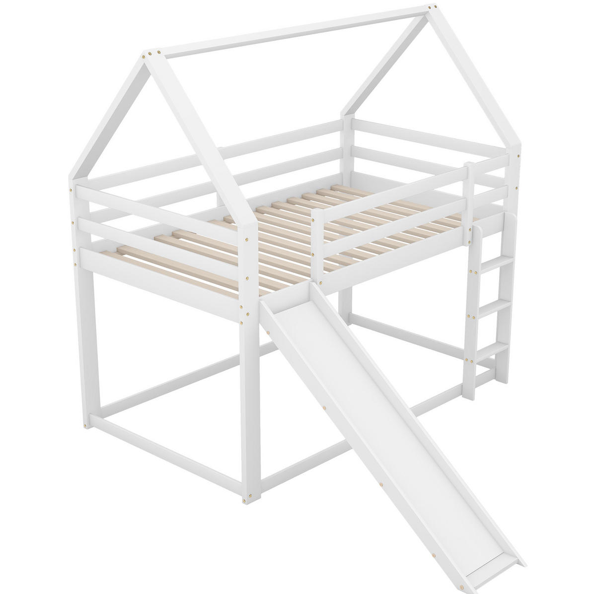 KATNI krevet od borovine 90x200 cm bijela s toboganom i ljestvama, kućni oblik - bijela, drvni materijal (90/200cm) - Modfu