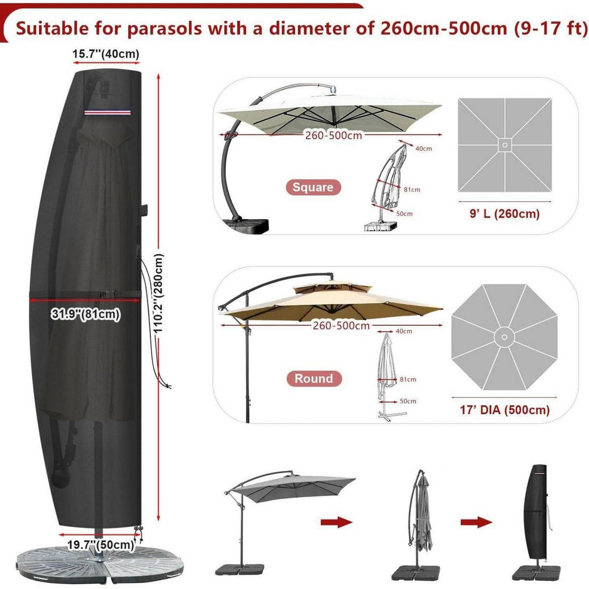 AMPELSCHIRM Schutzhülle 280 cm Wasserdicht mit Stab - Schwarz, Textil (1/1/1cm)
