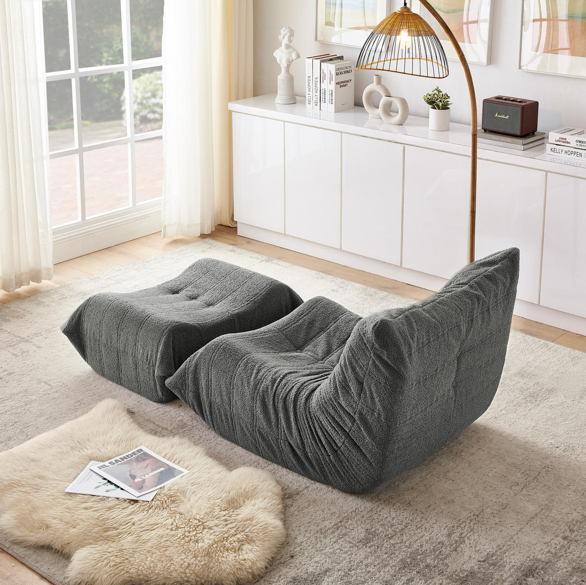 SCHLAFSESSEL mit Fußhocker Teddyfell Grau 2er-Set - Grau, Kunststoff (90/70/100cm) - Beauniv