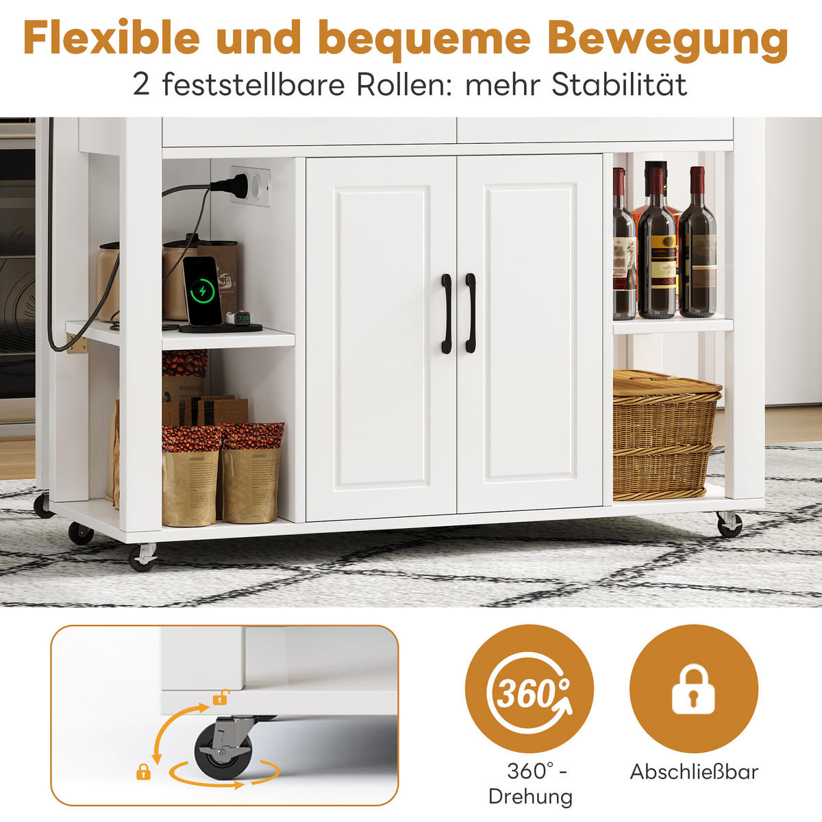 KÜCHENINSEL 120x77x93cm Weiß MDF/Laminat mit Steckdose & Schubladen - Weiß, Holzwerkstoff (120/93/77cm) - Modfu