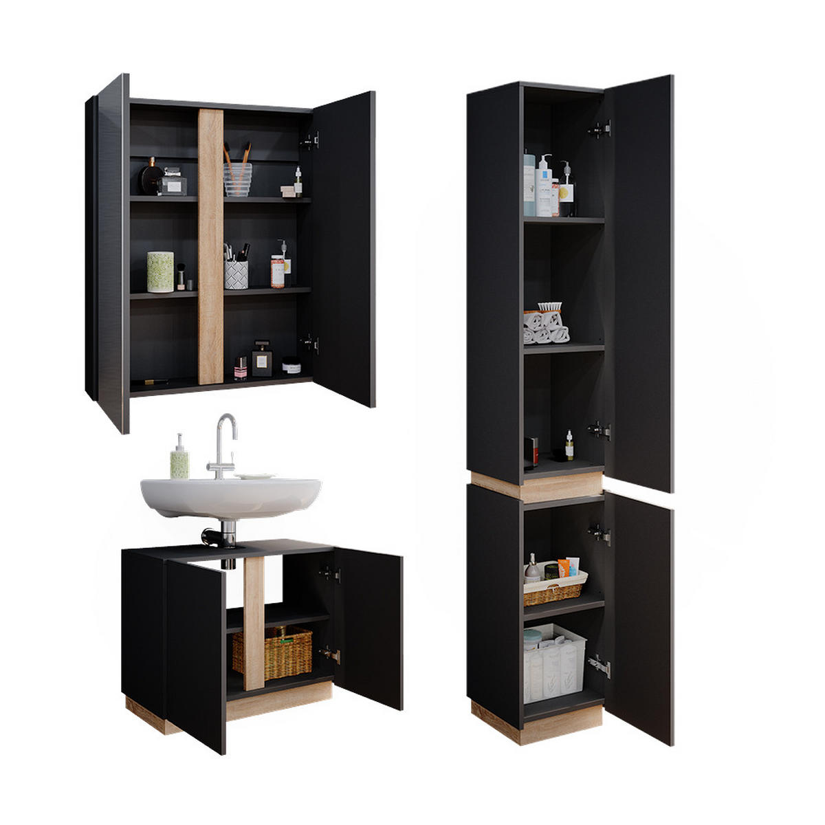 BADMÖBEL-SET Gloria Anthrazit 3 Teile, mit Hochschrank - Anthrazit/Sonoma Eiche, Holzwerkstoff (70/55/34cm) - Vicco
