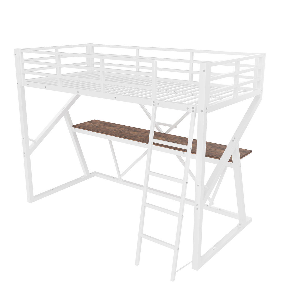 HOCHBETT 90/200 cm in Weiß mit Schreibtisch, Treppe und LED-Beleuchtung - Weiß, Metall (90/200cm) - Flora Grace