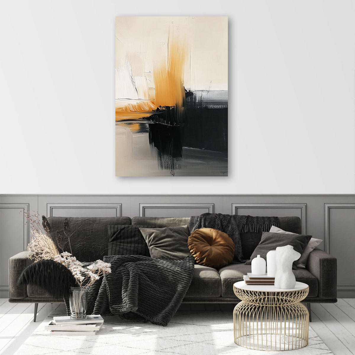 LEINWANDBILD Schwarz goldene Glamour Abstraktion 60x90cm - Beige, Textil (60/90cm) - Feeby