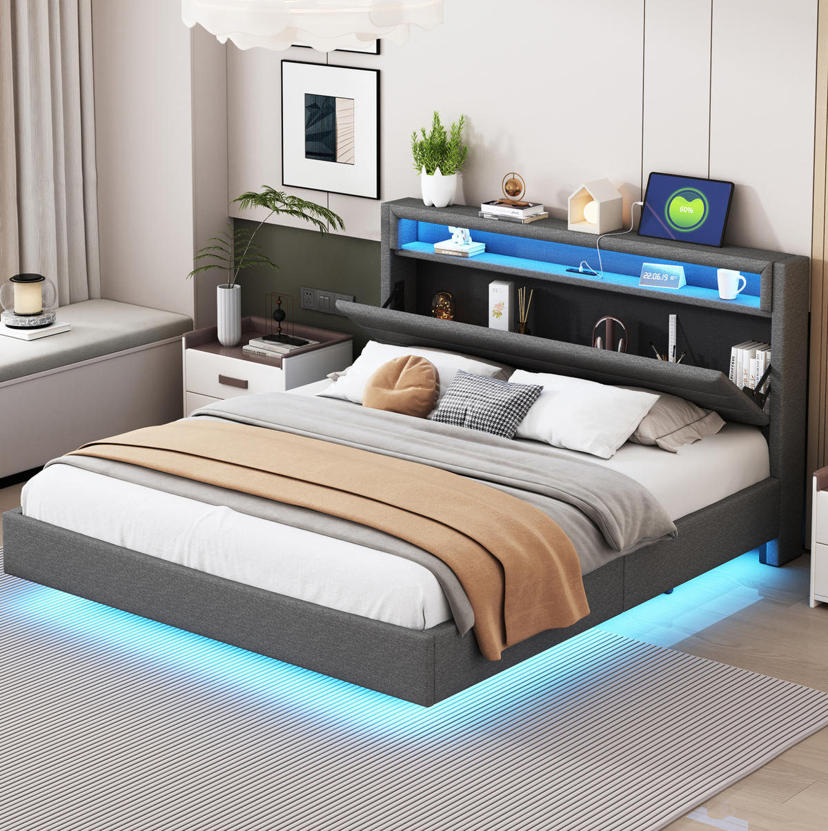 POLSTERBETT 160/200 cm grau aus Stoff mit LED-Beleuchtung und USB-Steckdose - Grau, Textil (160/200cm) - OKMYHOME