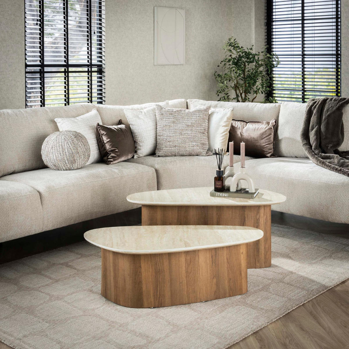 COUCHTISCH-SET ROMANO TRIANGOLO Organische Dreiecks-Satztische in Travertin-Optik - Beige/Braun, Holz/Keramik (43/90/40cm) - alesvelt