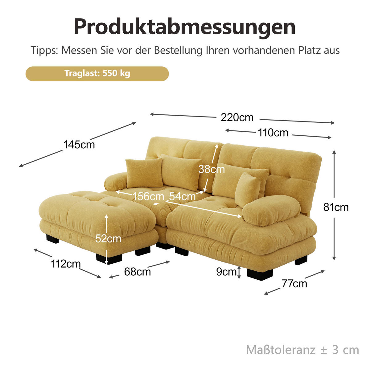 ECKSOFA DE-34065 mit Ottoman Gelb - Gelb, Holz (145/220cm) - ComfortXL
