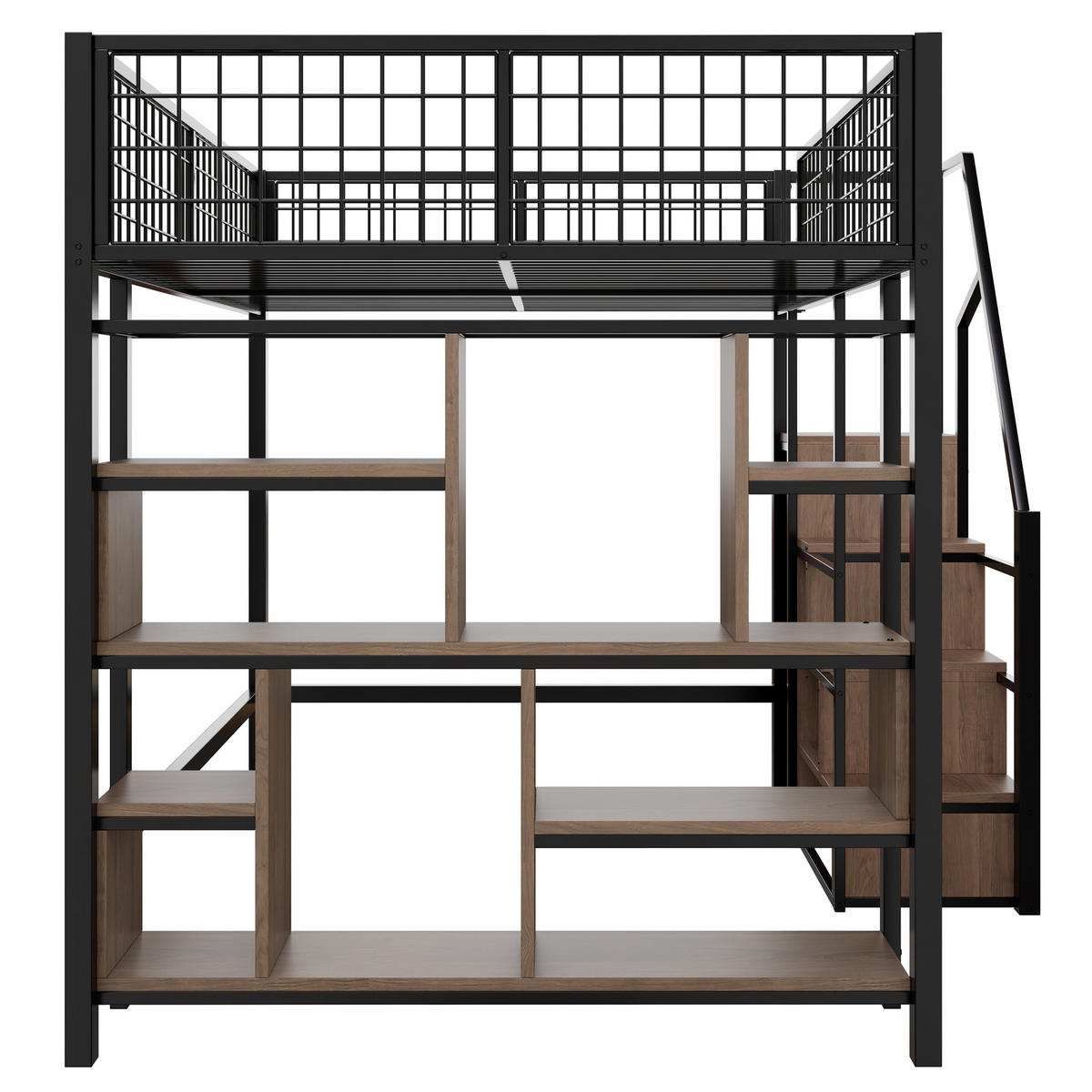 HOCHBETT 140/200 cm in Schwarz – mit Stauraumtreppe und offenem Arbeitsbereich - Schwarz, Metall (140/200cm) - BEAOK