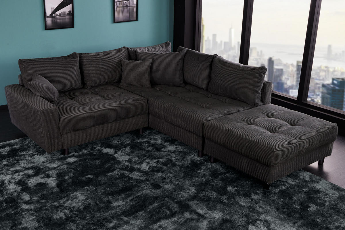 ECKSOFA KENT Cord Anthrazit 220 cm - Dunkelgrau/Schwarz, Kunststoff/Textil (220/190cm) - riess-ambiente