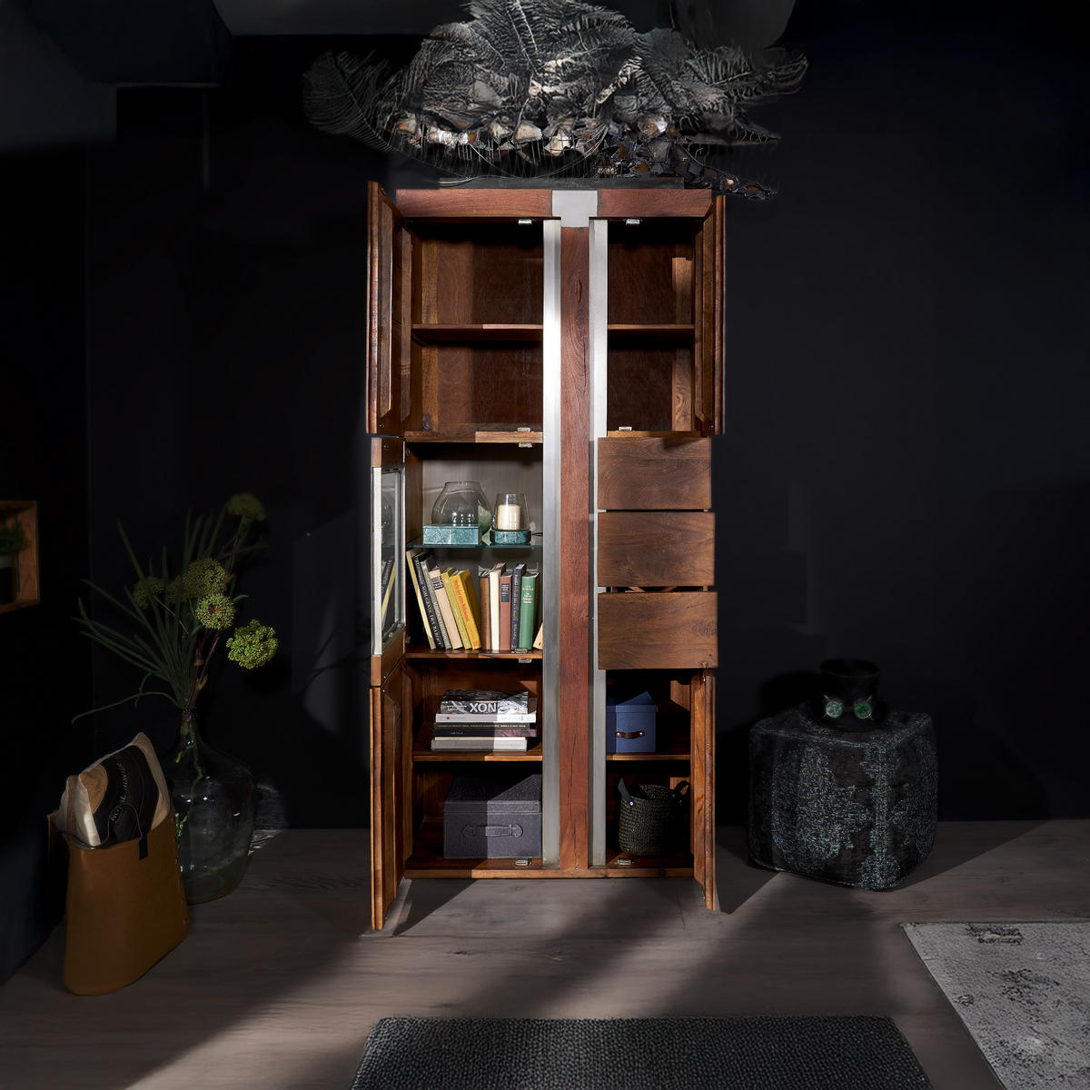 VITRINE Mango 90x45x204 braun lackiert Amsterdam #08 - Braun, Holz (90/204/45cm) - Massivmoebel24
