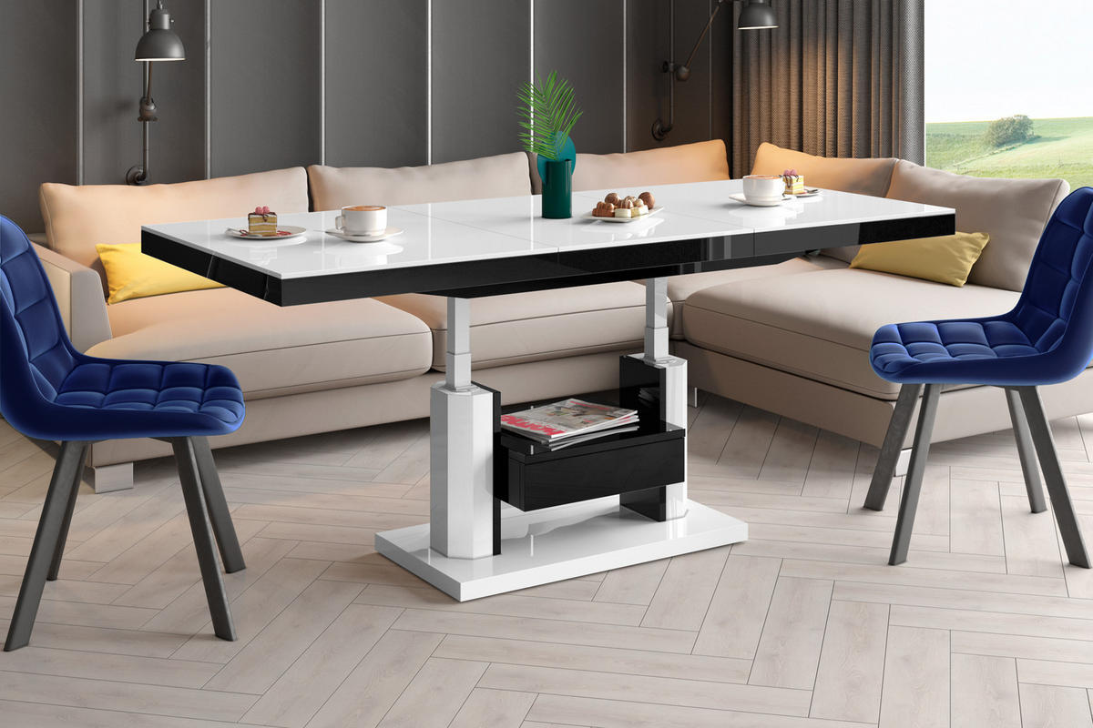 COUCHTISCH rechteckig höhenverstellbar ausziehbar Schublade 120/75/56 cm - Schwarz Hochglanz/Weiß Hochglanz, Holzwerkstoff (75/120/56cm) - designimpex