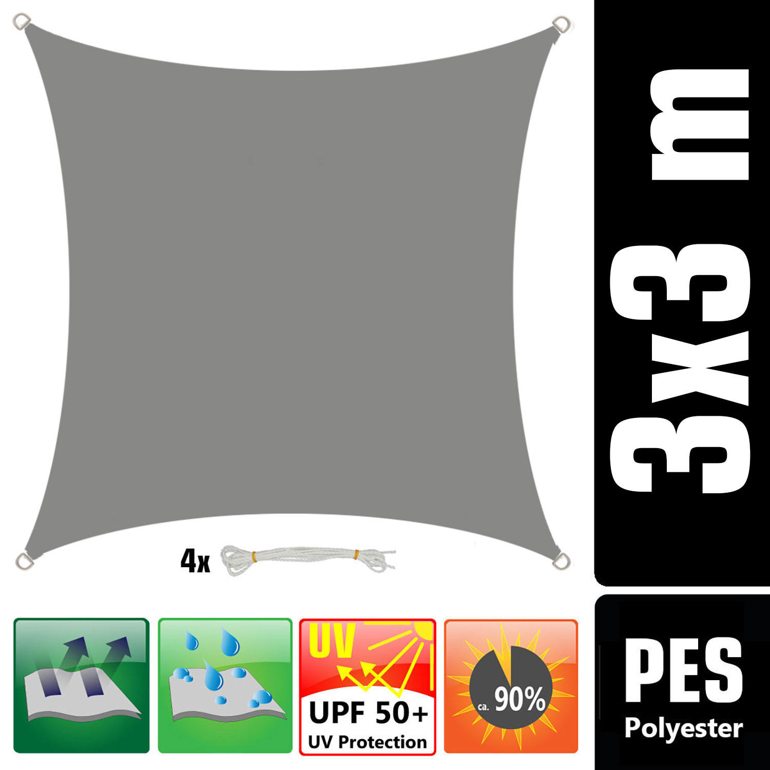 SONNENSEGEL Wasserdicht 300 cm Grau - Grau, Kunststoff (300/300cm) - Amanka