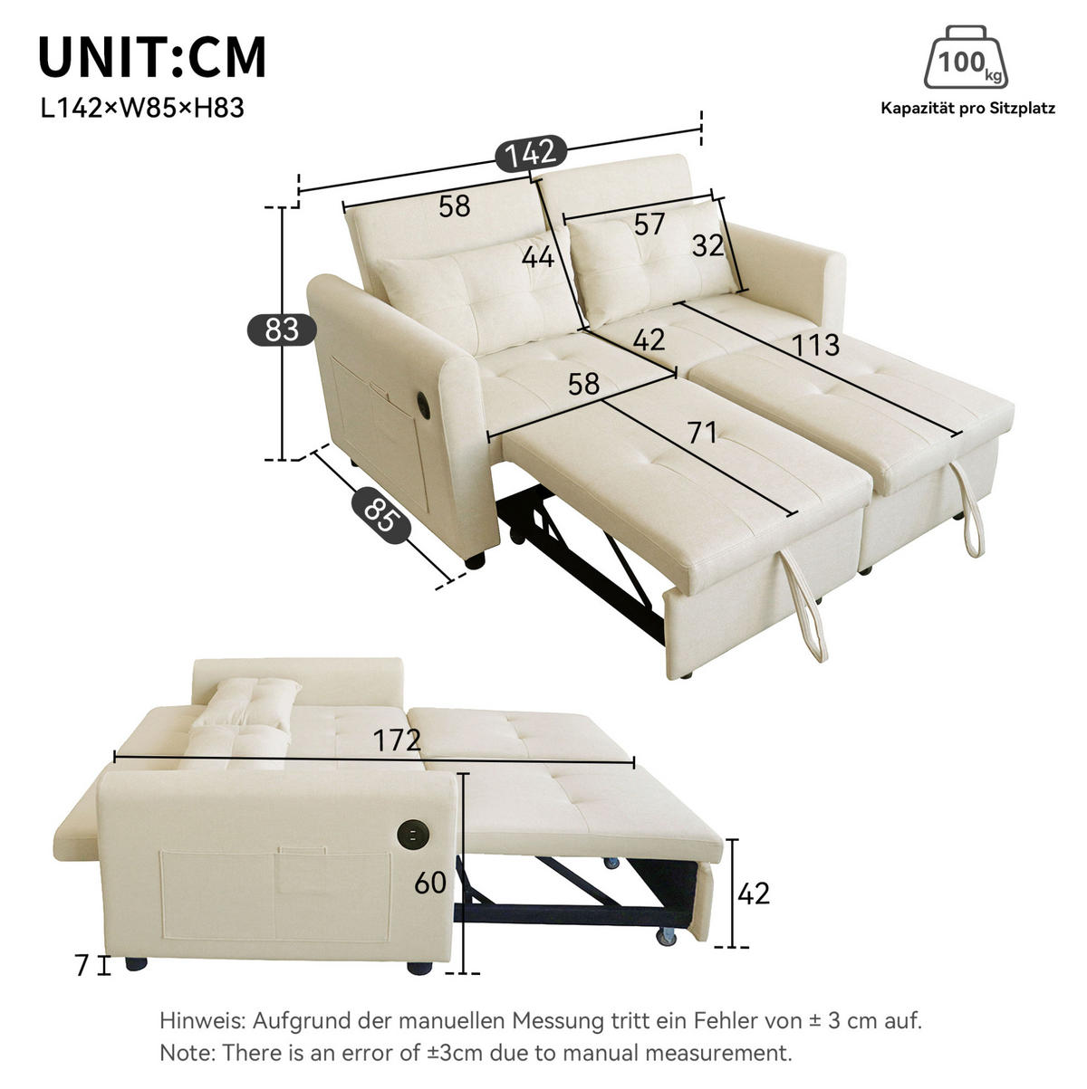 SCHLAFSOFA aus Baumwoll-Leinen 142x85x83 cm Beige mit USB, Armlehnentaschen und verstellbarer Rückenlehne - Beige, Textil (142/83/85cm) - Modfu