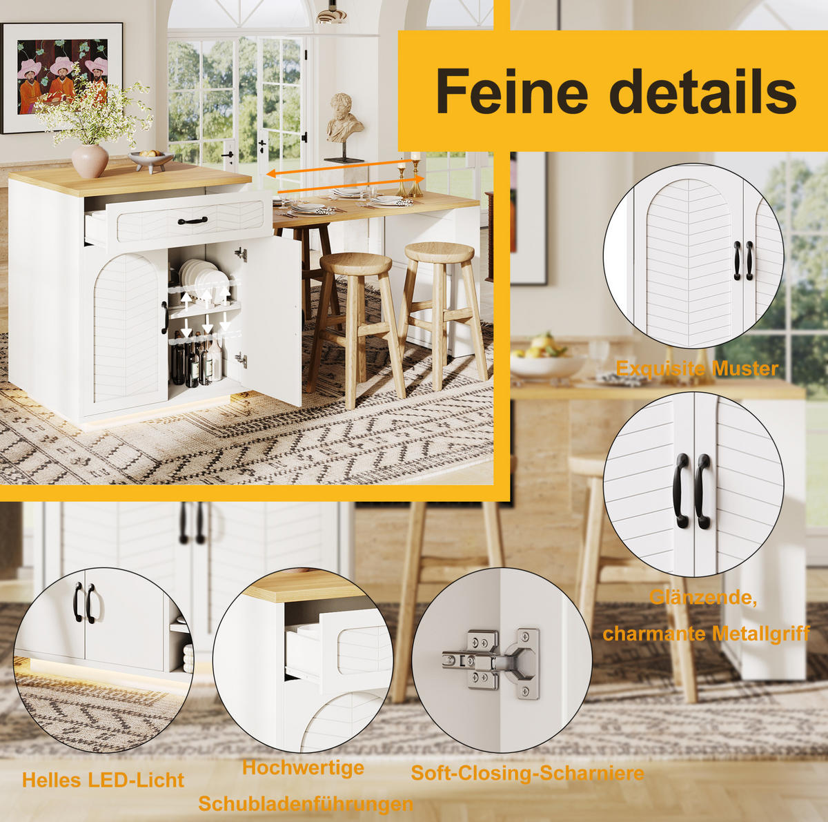 KÜCHENINSEL 80/70/95,5 cm mit ausziehbarem Tisch, 2 Schubladen und Weinregal, Weiß - Weiß, Holzwerkstoff (80/95.5/70cm) - Redom